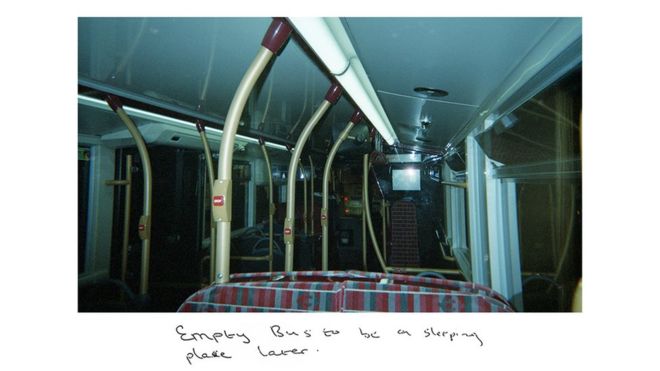 Sunny's image of the empty lower dock of a bus, with the handwritten title: "Empty bus to be a sleeping place later."