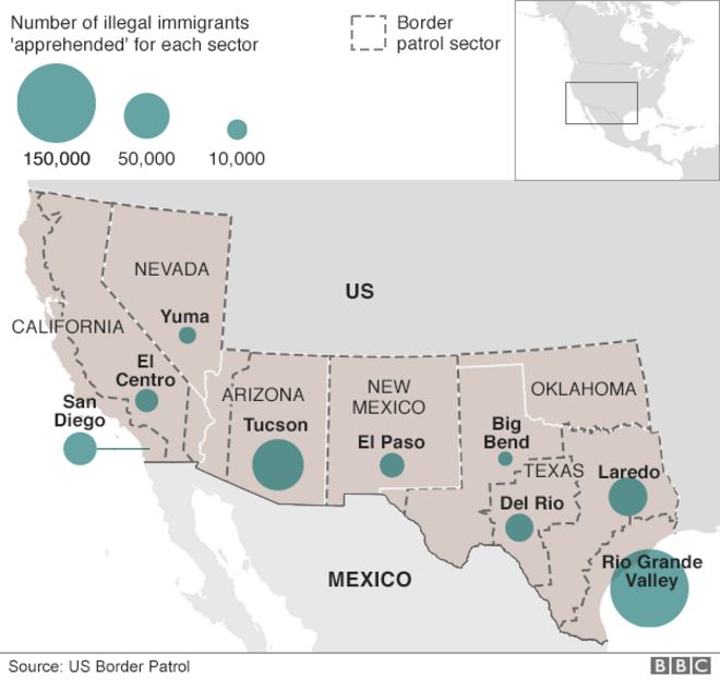Карта, показывающая, где содержится большинство иммигрантов, въезжающих в США из Мексики, самой высокой из которых являются долина Рио-Гранде и Тусон, штат Аризона, май 2016 года