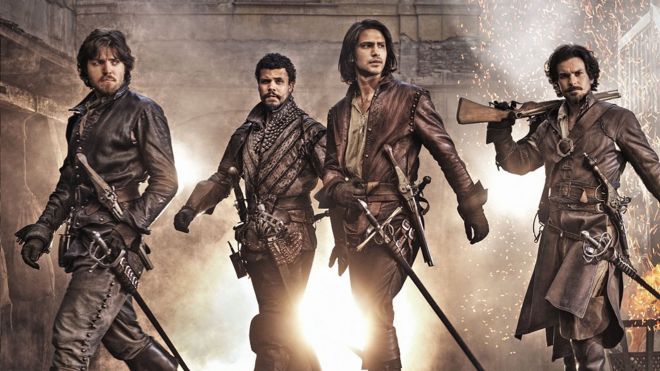 Athos (Tom Burke), Porthos (Howard Charles), D'Artagnan (Luke Pasqualino), Aramis (Santiago Cabrera).