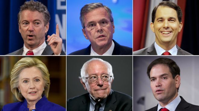 По часовой стрелке сверху слева: Рэнд Пол, Джеб Буш, Скотт Уокер, Марко Рубио, Берни Сандерс, Хиллари Клинтон