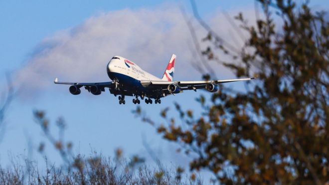 British Airways Boeing 747 landing at its home base London Heathrow Airport, England.
