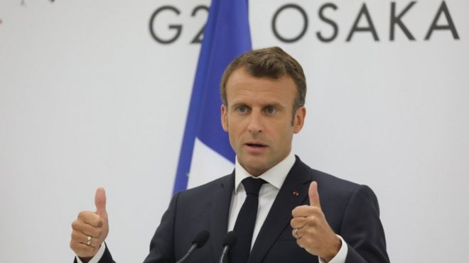 O presidente da França, Emmanuel Macron, durante discurso em Osaka, no Japão