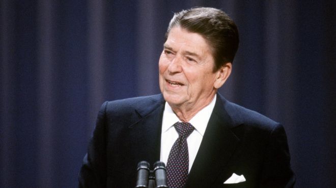 Ronald Reagan on stage during his 1984 presidential campaign