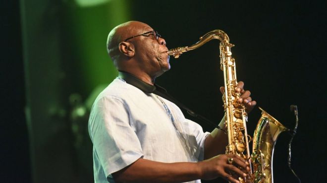 Emmanuel N"Djoke Dibango, known as Manu Dibango performs during his concert at the Ivory Hotel Abidjan in 2018