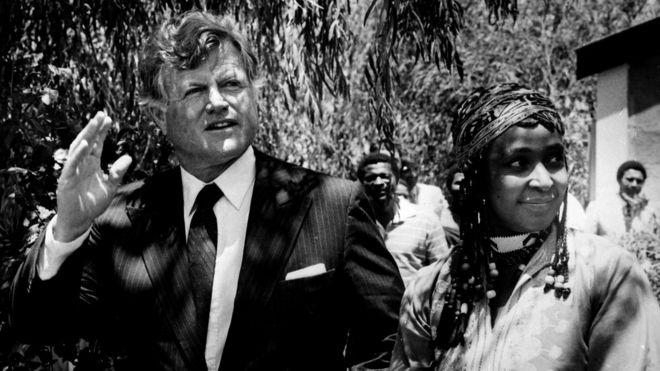 Senator Edward Kennedy visits banned Winnie Mandela in Brandfort, South Africa, January 9, 1985.