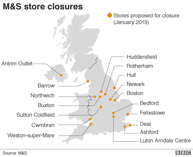 Карта местоположений для предлагаемых знаков & Спенсер закрытие магазинов
