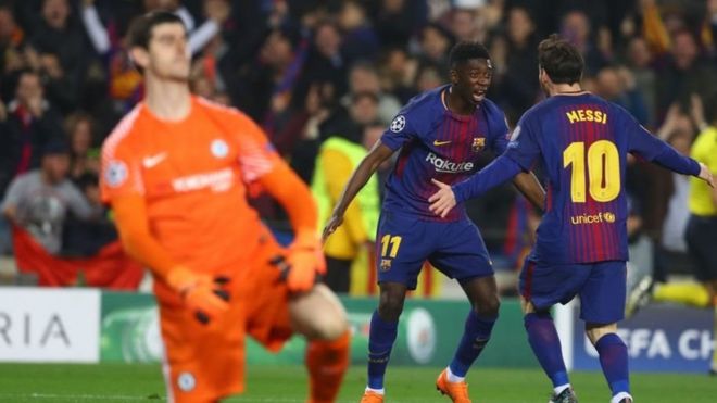 Ousmane Dembele na Messi wakishangilia