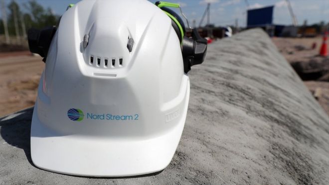 A construction helmet on a section of the Nord Stream 2 natural gas pipeline near Kingisepp, Leningrad Region, Russia, 5 June 2019