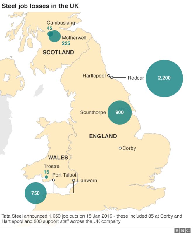 Карта с указанием сокращений рабочих мест в Великобритании