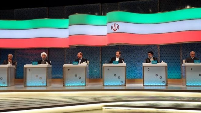 Кандидаты в президенты Ирана, слева направо: Мостафа Хашемитаба, Хасан Рухани, Мохаммад Бакер Калибаф, Эшак Джахангири, Эбрагим Раиси и Мостафа Мирсалим