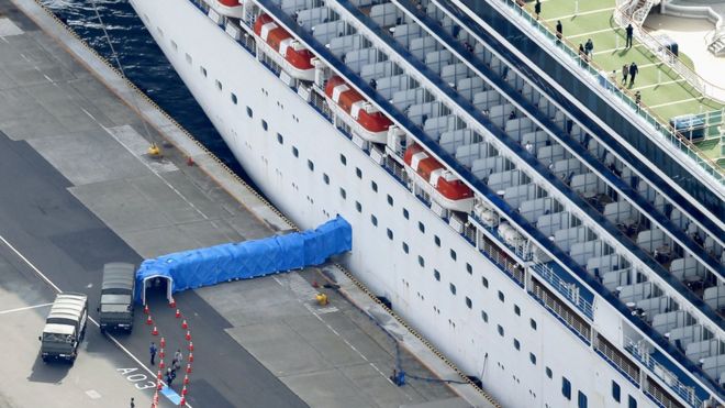 Пассажиры, выходящие из круизного лайнера Diamond Princess, пришвартованного в порту Иокогамы, изображены в Иокогаме, к югу от Токио