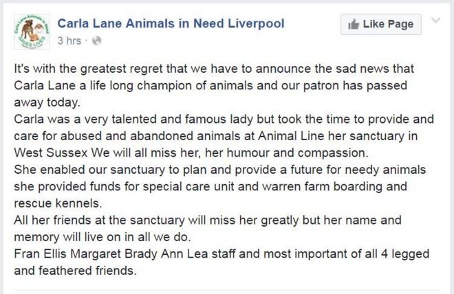 Карла Лэйн Animals in Need «Ливерпуль»: с величайшим сожалением мы должны сообщить о печальных новостях о том, что Карла Лейн - пожизненный чемпион по животным, и наш покровитель скончался сегодня.
