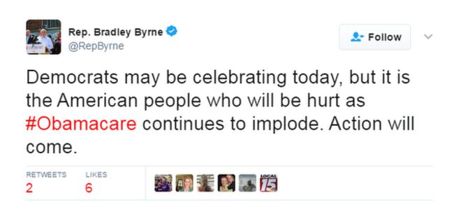 Брэдли Бирн пишет в Твиттере: демократы, возможно, празднуют сегодня, но это - американский народ, который будет ранен, поскольку #Obamacare продолжает взрываться. Действие придет.