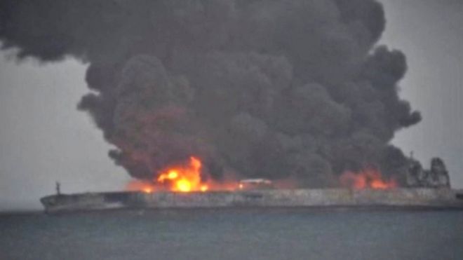 Oil tanker on fire