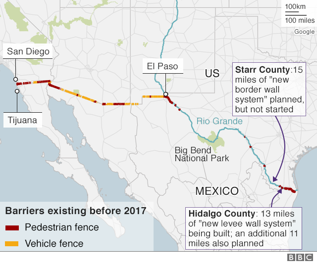 Карта, показывающая существующие барьеры на границе США и Мексики