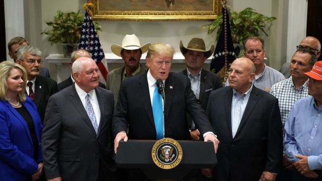 Президент США Дональд Трамп выступает с речью в поддержку фермеров и владельцев ранчо с министром сельского хозяйства Сонни Пердью (3-й слева) в зале Рузвельта в Белом доме 23 мая 2019 года в Вашингтоне, округ Колумбия.