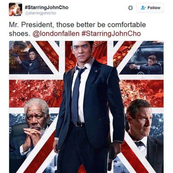Джон Чо в роли главного героя постера фильма «Лондон упал»