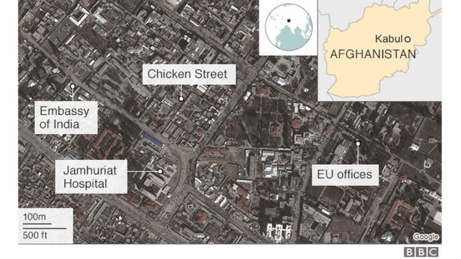 Карта Кабула с указанием района, пораженного бомбой скорой помощи 27 января 2018 года