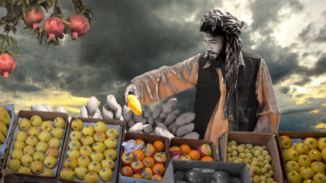 Illustration of an Afghan fruit seller