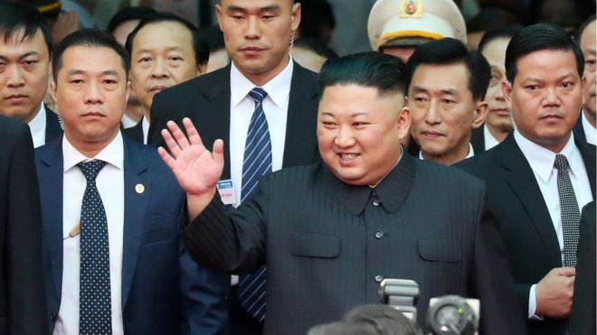 North Korean leader Kim Jong Un arrives at the Dong Dang railway station