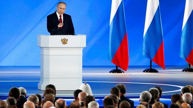 Vladimir Putin faz seu discurso anual sobre o Estado da União em 15 de janeiro de 2020