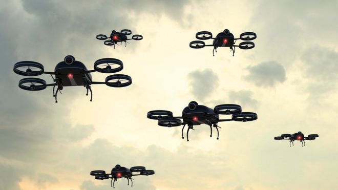 A swarm of quadcopter drones