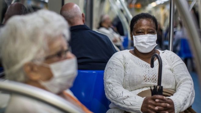 People wear protective mask on the subway on February 27, 2020 in São Paulo, Brazil.