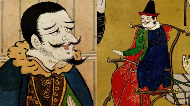 Ilustração de portugueses que atuavam no Japão, capitães de barcos de escravos