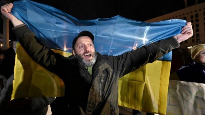 Man celebrates in Kyiv