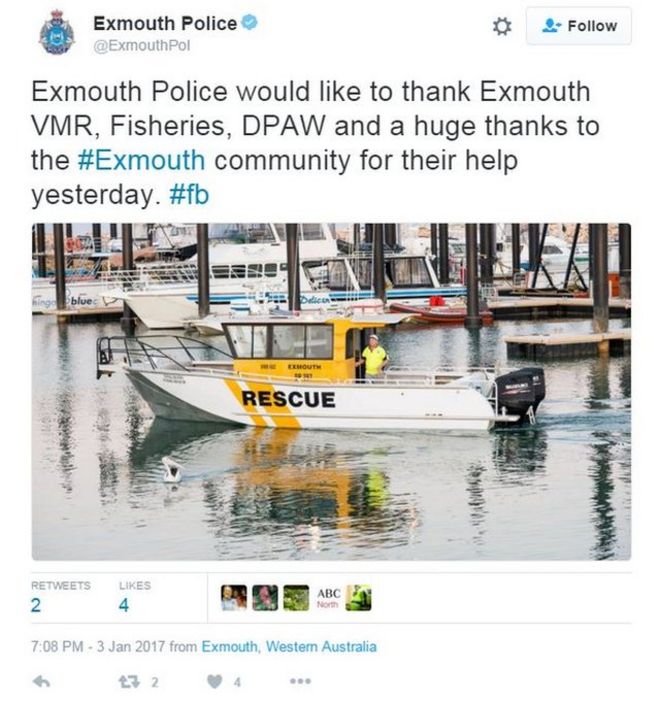 Твит от Exmouth Police, благодаривший тех, кто помогал со спасением