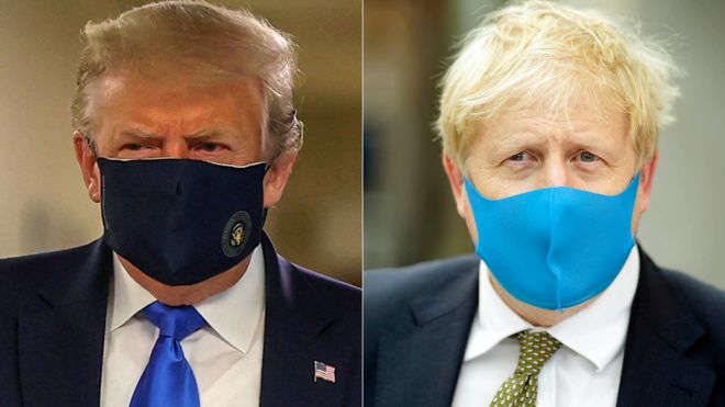 Составное изображение Дональда Трампа и Бориса Джонсона в масках