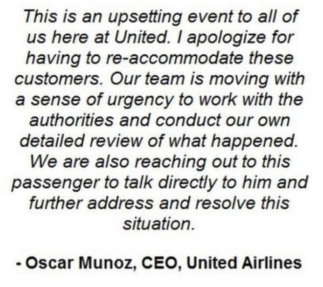 Извинения генерального директора United Airlines на своей странице в Facebook