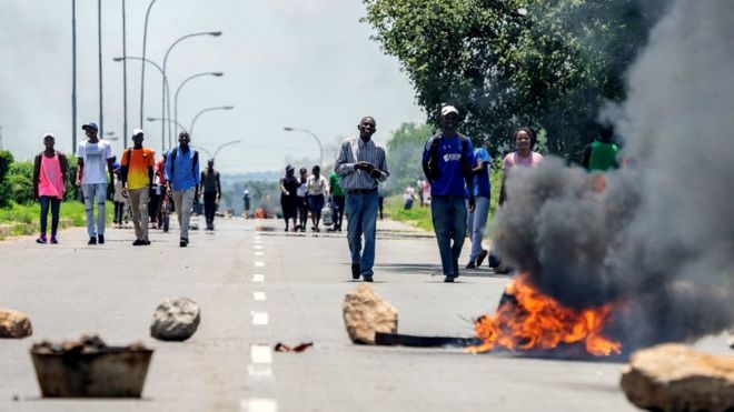 Burning barricade during a demonstration on January 14, 2019 in Bulawayo