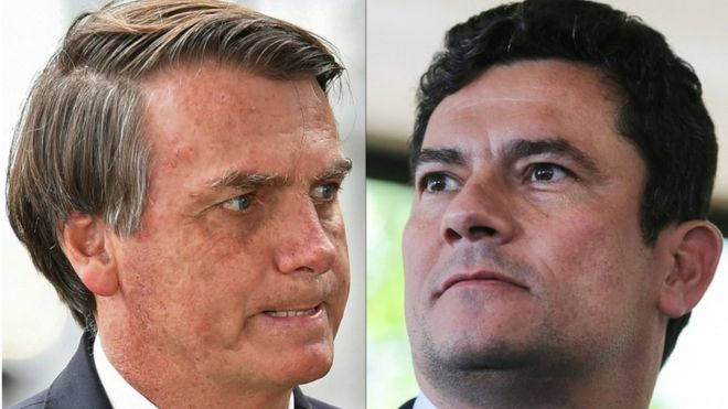 Montagem com fotos de Bolsonaro e Moro, ambos de perfil