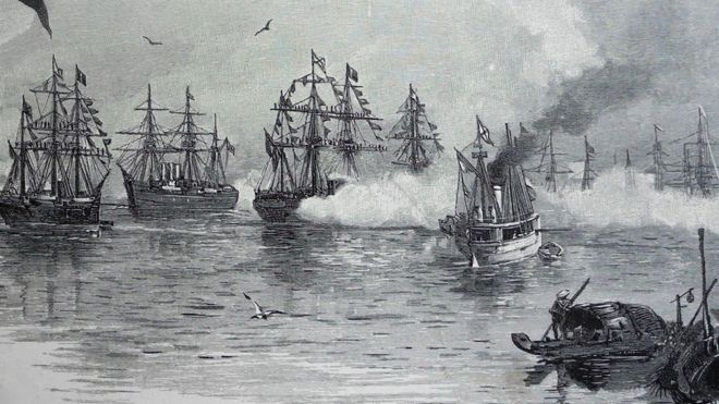 Hình ảnh minh họa trong cuốn sách cảnh đoàn chiến hạm của Hoàng thế tử Nga tới Sài Gòn