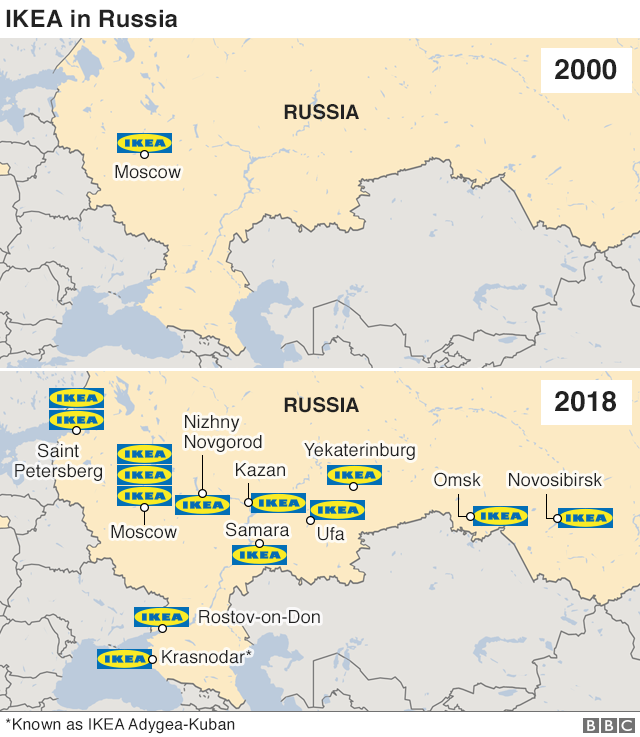 Карта России, показывающая, как Ikea распространилась с 2000 года