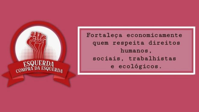 Logotipo do grupo Esquerda Compra da Esquerda, com um punho cerrado na cor vermelha e a frase 'Fortaleça economicamente quem respeita direitos humanos, sociais, trabalhistas e ecológicos'