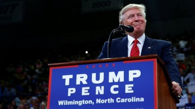 Republican US presidential nominee Donald Trump speaks at University of North Carolina in Wilmington, North Carolina.