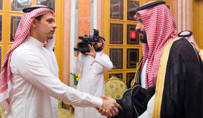 The Saudi crown prince (R) meets Khashoggi's son, Salah, in Riyadh