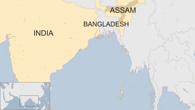 Карта, показывающая Ассам и Бангладеш
