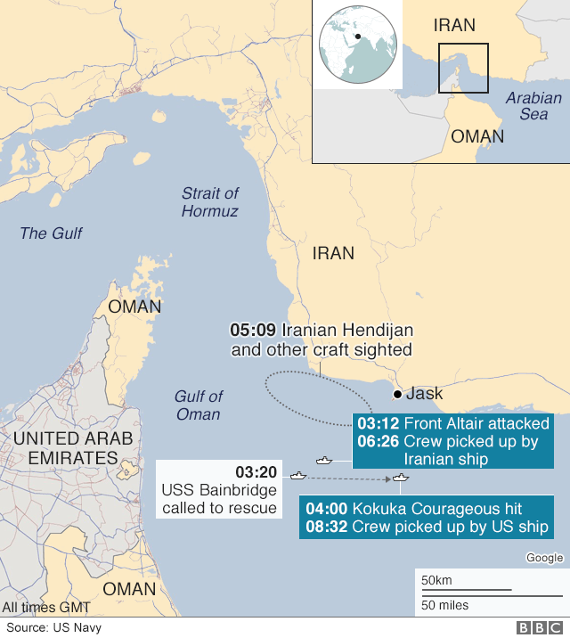 Карта, показывающая расположение двух судов, атакованных в Оманском заливе 13 июня 2019 года