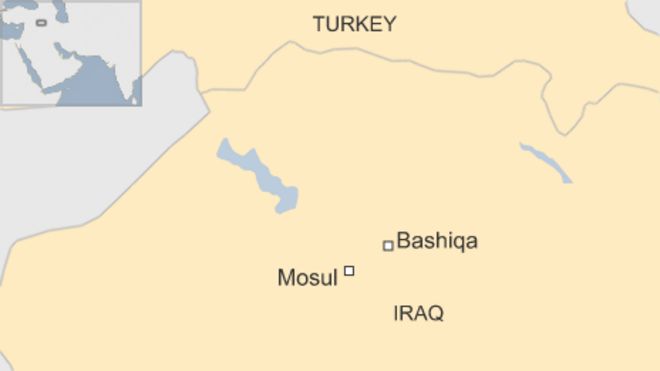 Карта с изображением Башики и Мосула в Ираке