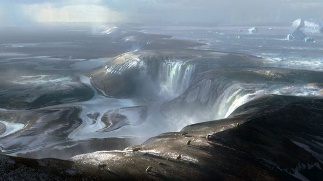 Artist's illustration of ancient ice age land bridge connecting Britain with France