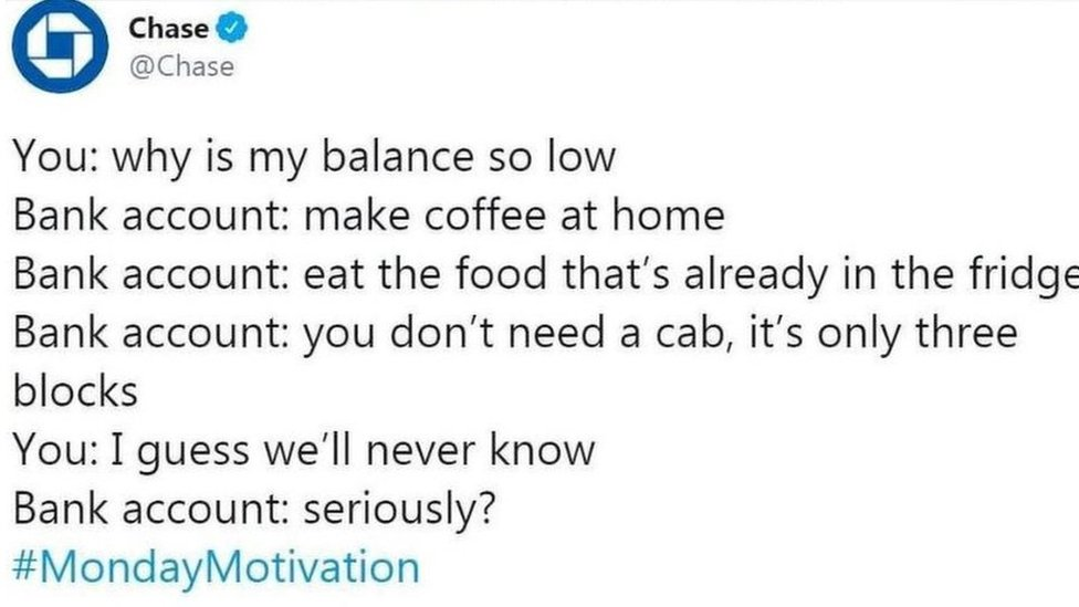 Вы: почему мой баланс так низок. Банковский счет: сделать кофе в домашних условиях. Банковский счет: есть еду, которая уже есть в холодильнике. Банковский счет: вам не нужна кабина, это всего три блока. Вы: Я думаю, мы никогда не узнаем. Банковский счет: серьезно? #MondayMotivation