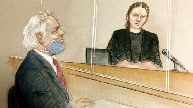 Drawing of Julian Assange in court