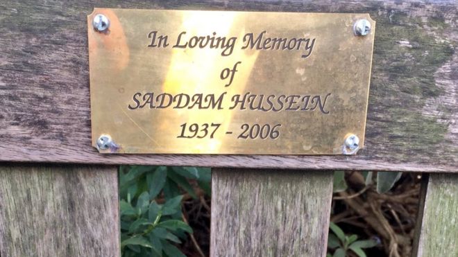 A plaque dedicated to Saddam Hussein mysteriously appeared on a London bench