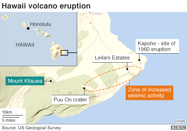 Карта извержения вулкана на Гавайях
