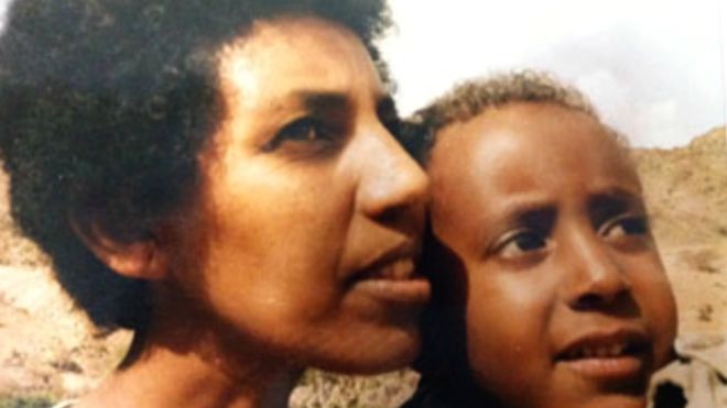 Aster Fissehatsion and her son Ibrahim Sherifo when he was a young boy in 1990