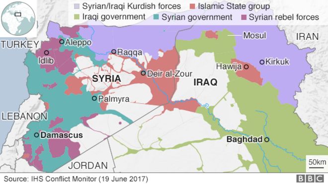 Карта, показывающая контроль над Ираком и Сирией (19 июня 2017 года)