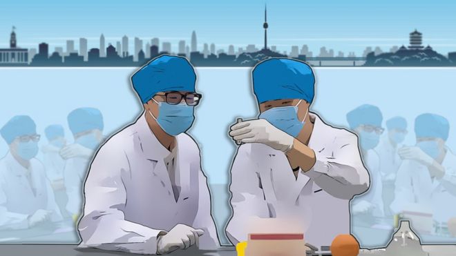 Ilustración de científicos trabajando con la ciudad de Wuhan en el fondo